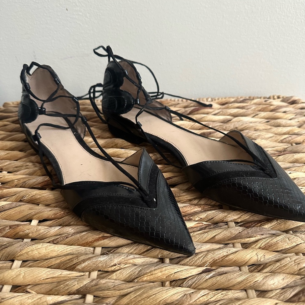 Zara Black Textured Flats with Ankle Straps